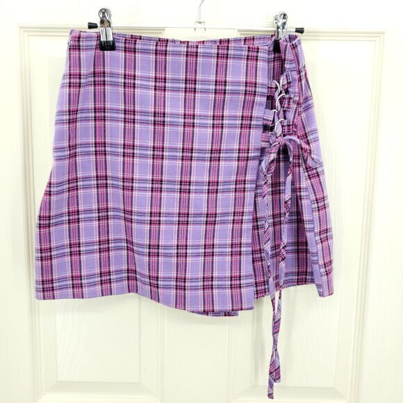 SO Lace Up Plaid Mini Skort L Purple/Pink - Picture 2 of 16